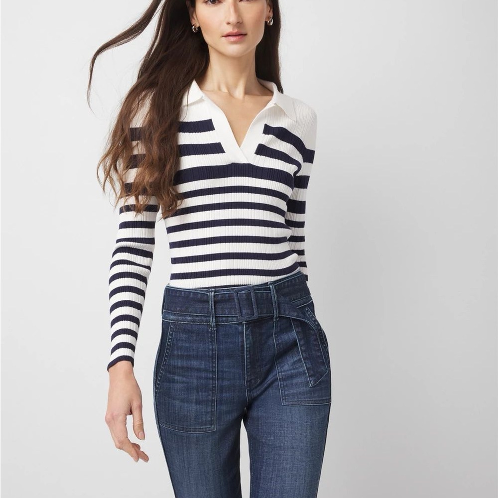 White House Black Market White & Navy Stripe Ribbed Sweater Size Small